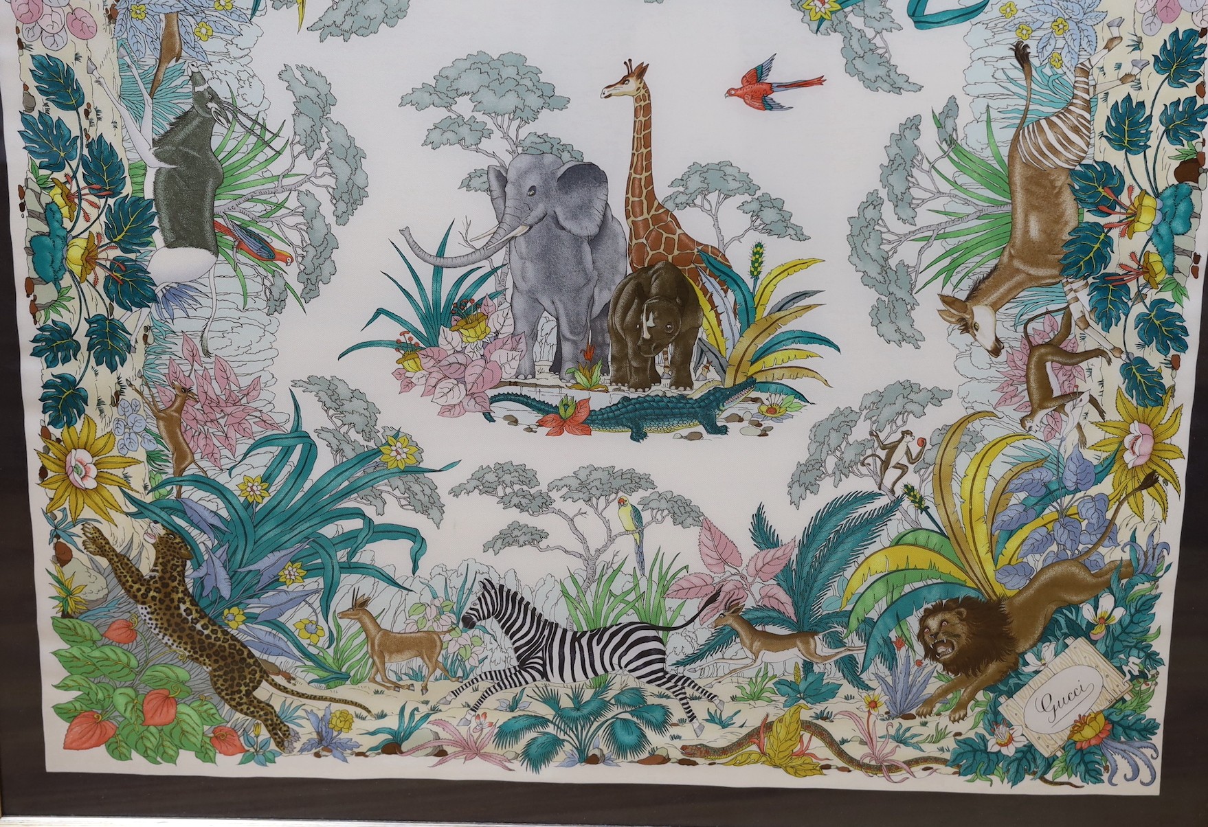 A framed Gucci ‘Jungle’ silk scarf, 84 x 82.5cm